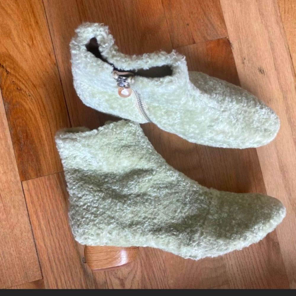 Nanushka faux fur mint green wood heel boots